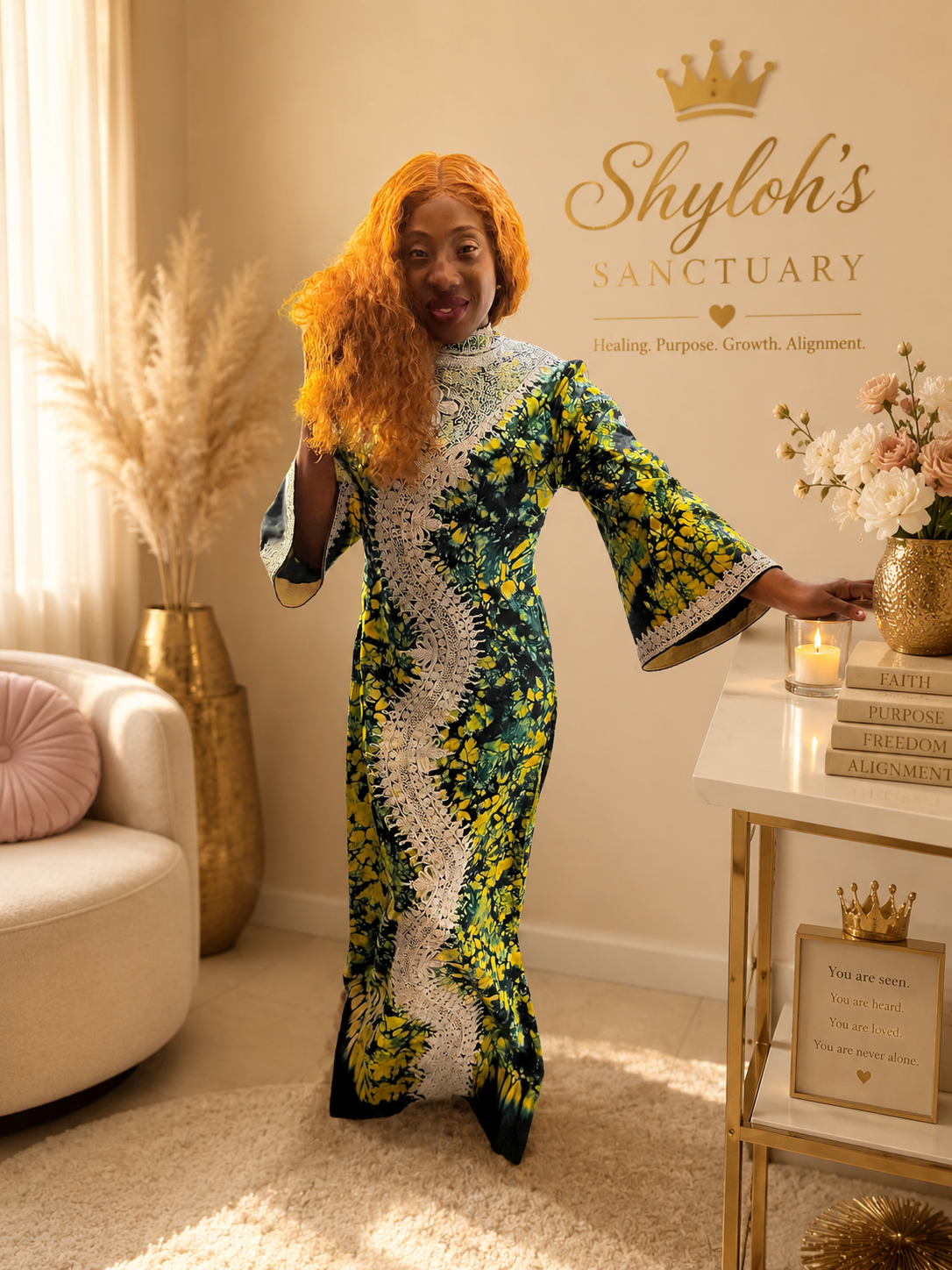 Woman with long, curly orange hair in a colorful, patterned dress standing in a decorated room. There is a sign on the wall behind her that reads "Shyloh's Sanctuary" with a crown symbol, and a table with a vase of flowers, candles, and stacked books.