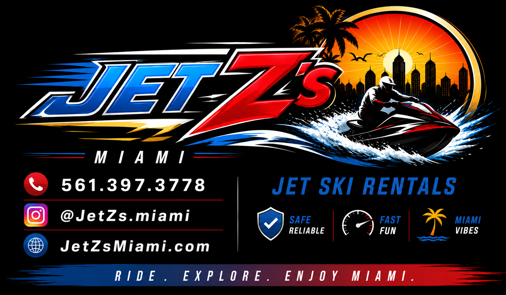 Advertisement for Jet Z's Miami jet ski rentals featuring a graphic of a person riding a jet ski in water with splash effects, a sunset with palm trees and city skyline in the background, and contact information including phone number, Instagram handle, and website.