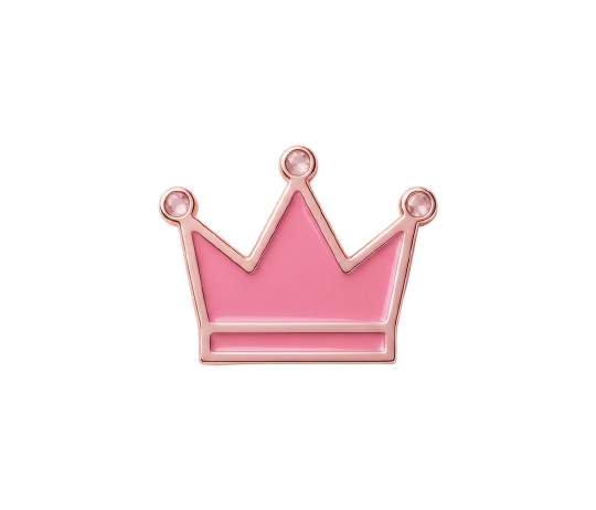 Pink crown-shaped jewelry piece with three rounded points, set against a black background.