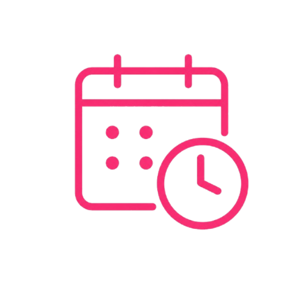 Pink icon of a calendar with a clock in front of it.