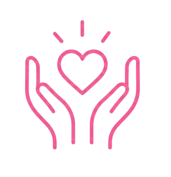 Pink neon outline of two hands holding a heart with three lines above it, symbolizing care and love.