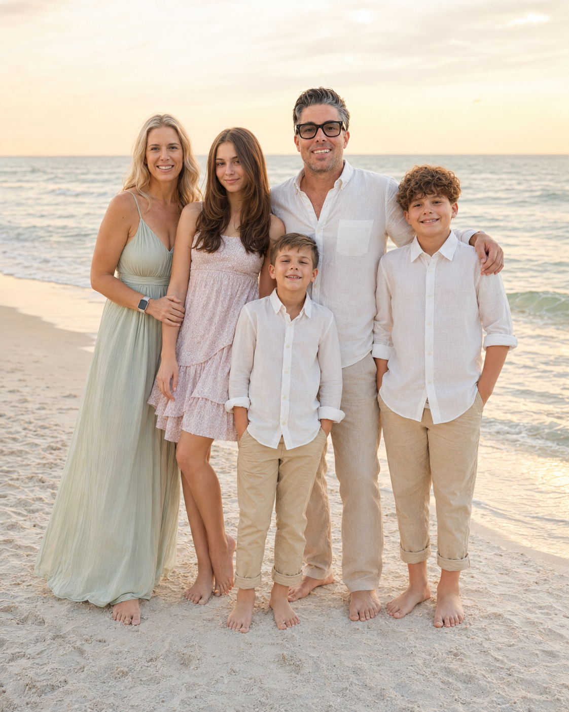 A family of six standing on the beach during sunset, smiling at the camera, with the ocean in the background.