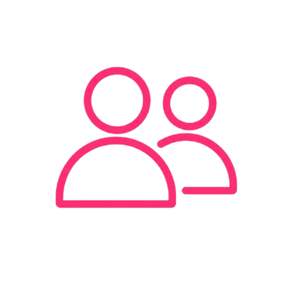 Icon of two pink outline figures representing people, one in front and one behind, on a black background.