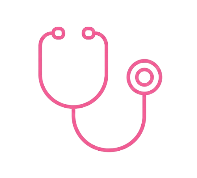 Pink line drawing of a stethoscope.