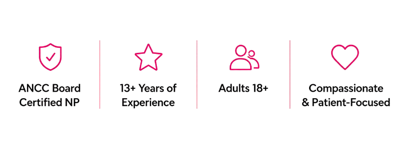 Icons with text: a shield with a checkmark, a star, two people, and a heart, representing certifications, experience, clientele, and compassion.