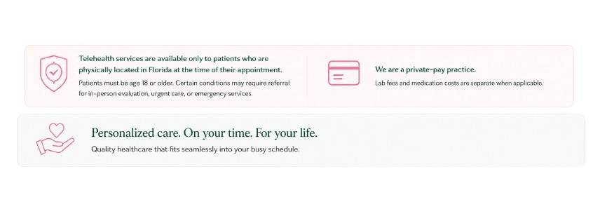 Screenshot of healthcare information emphasizing telehealth services available only in Florida, private-pay practice details, and personalized healthcare options.