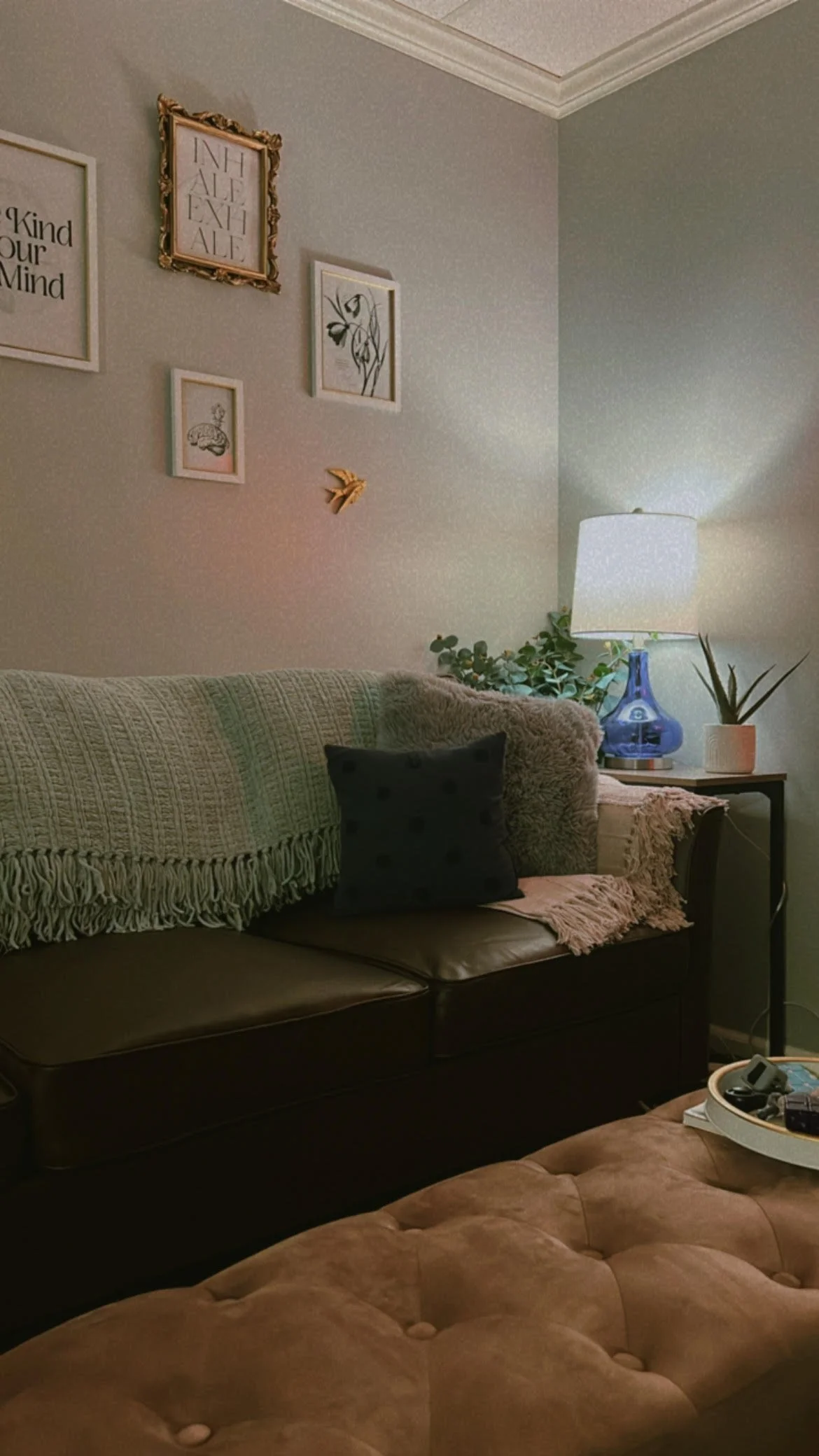Living room with a black couch, a beige throw blanket, a black pillow, and a beige ottoman in the foreground. A side table with a blue lamp, a potted plant, and a decorative tray. Wall decor includes framed art and a gold bird sculpture.