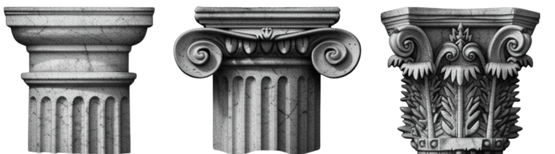 Three decorative stone Corinthian columns in a row.
