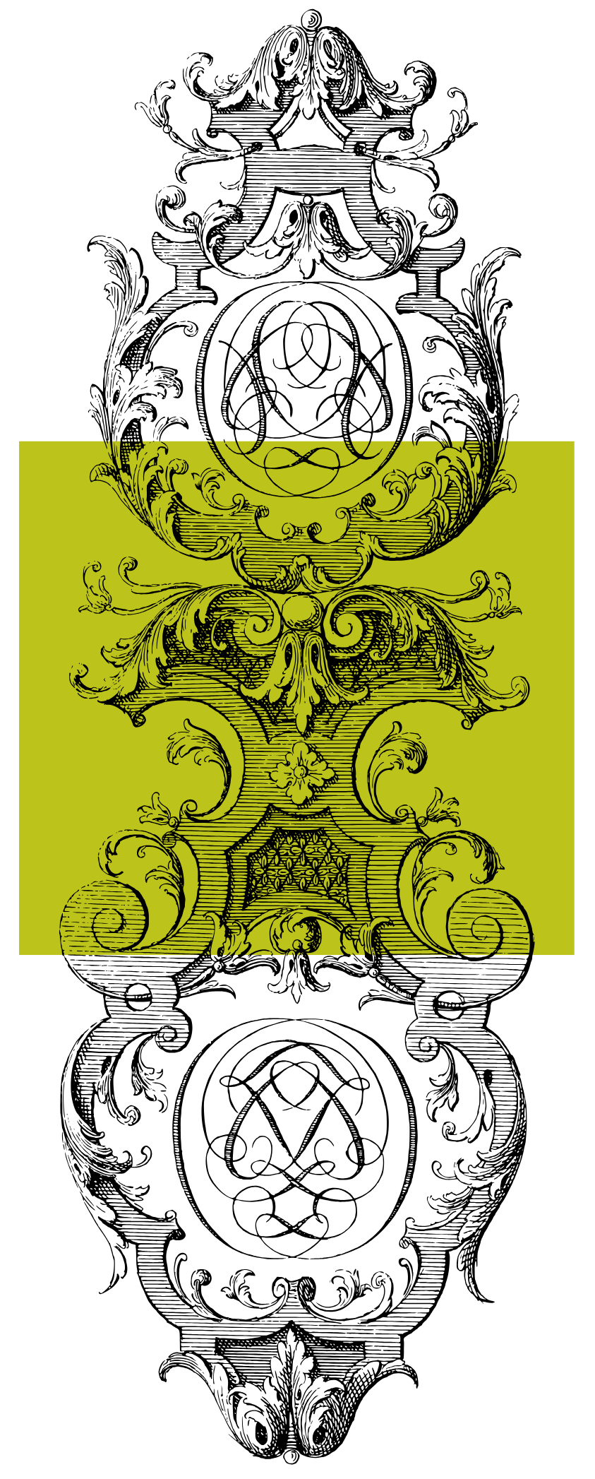 An ornate decorative design with swirling patterns on a green background.