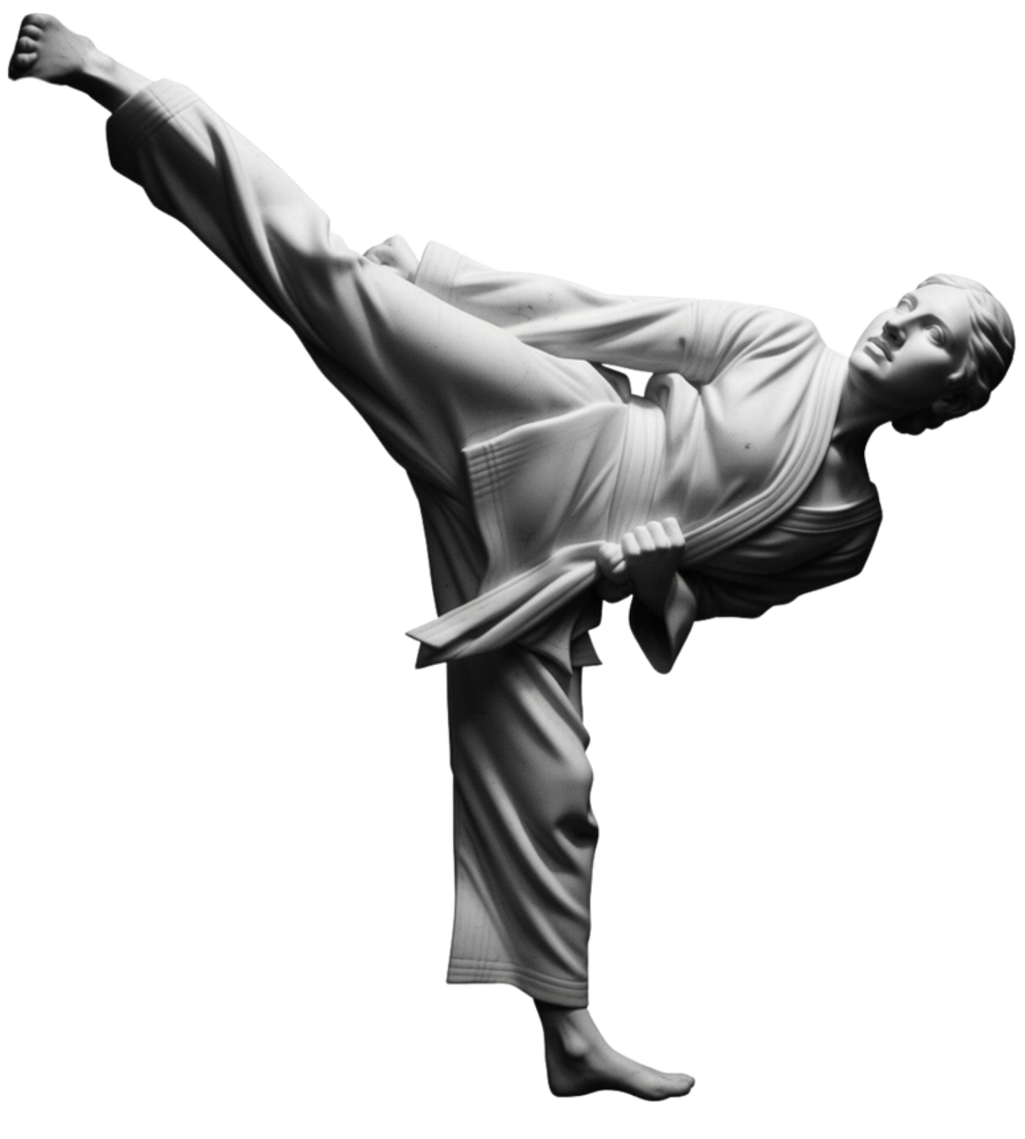 Black and white statue of a woman performing a high kick, representing a capable operational sidekick.