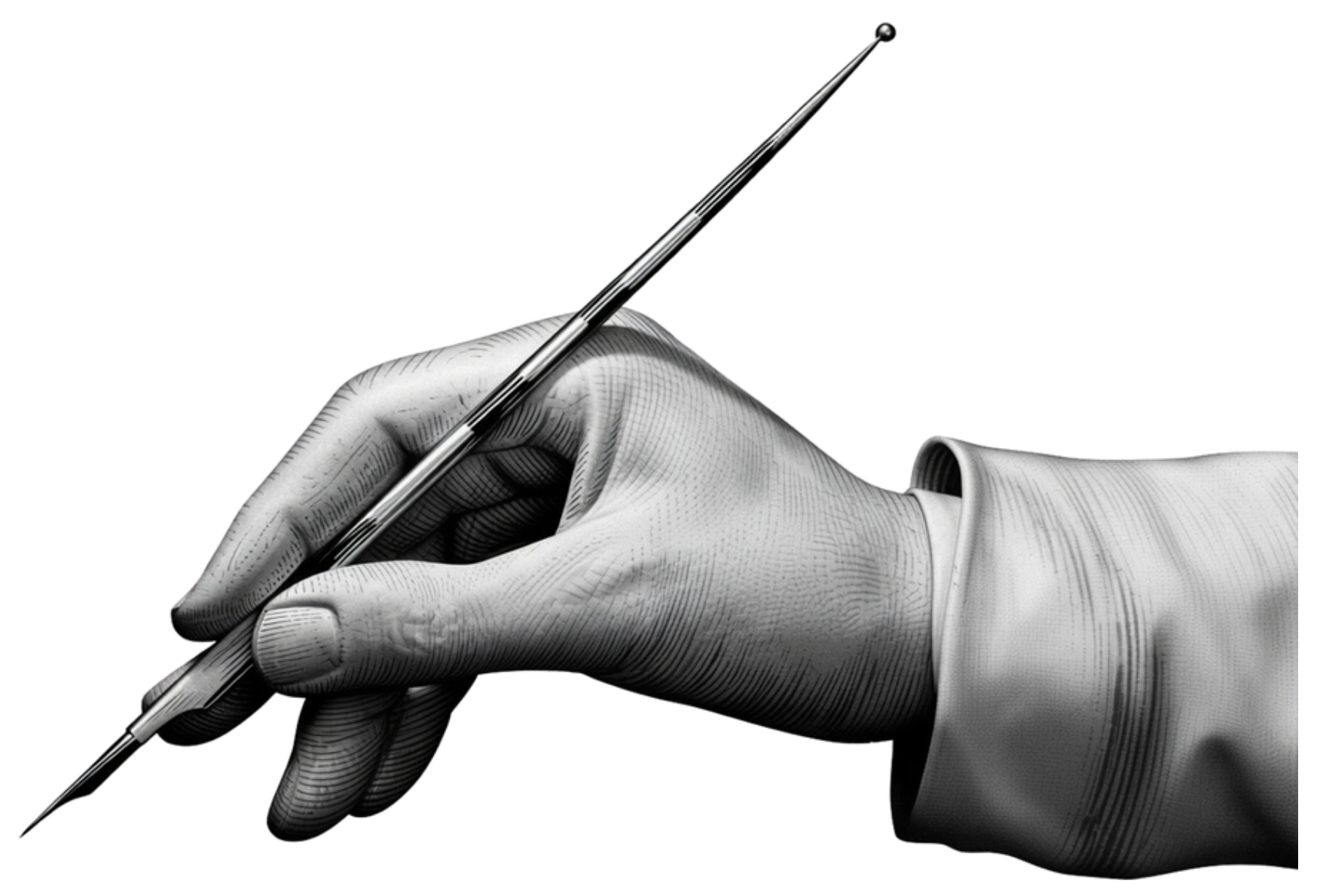A black-and-white drawing of a human hand holding a pen, with the hand positioned as if writing or drawing.