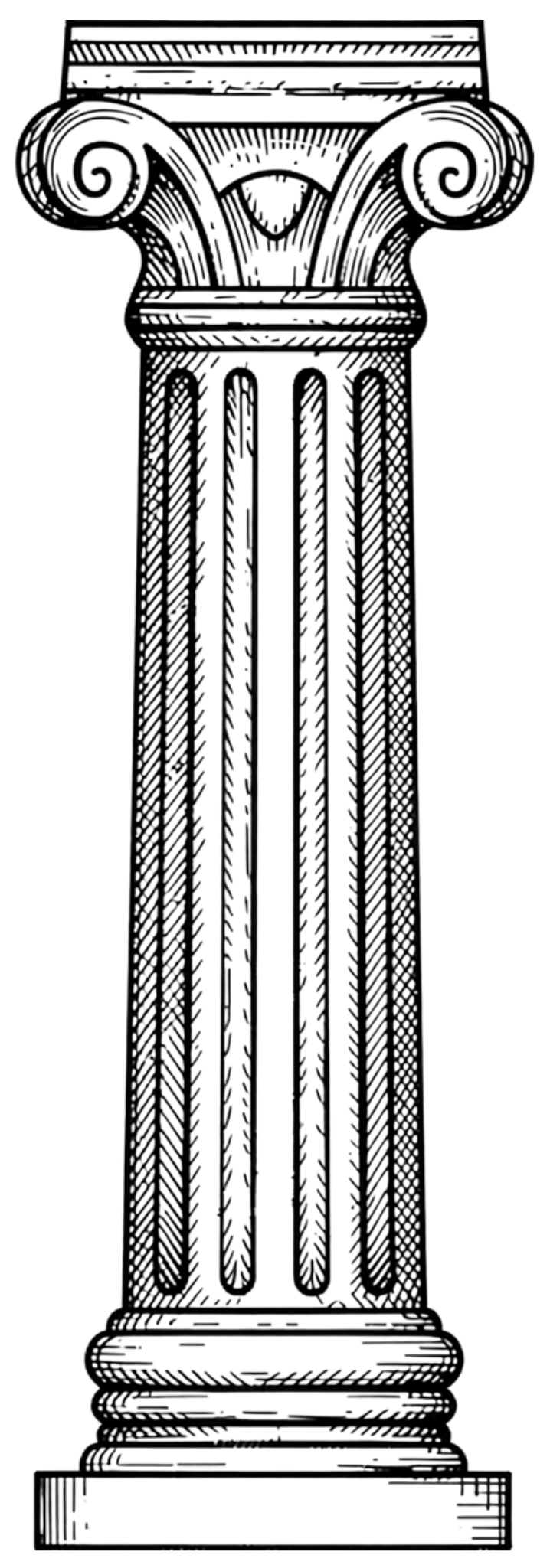 Black-and-white illustration of an ancient Roman column, symbolizing the pillars of the services offered.
