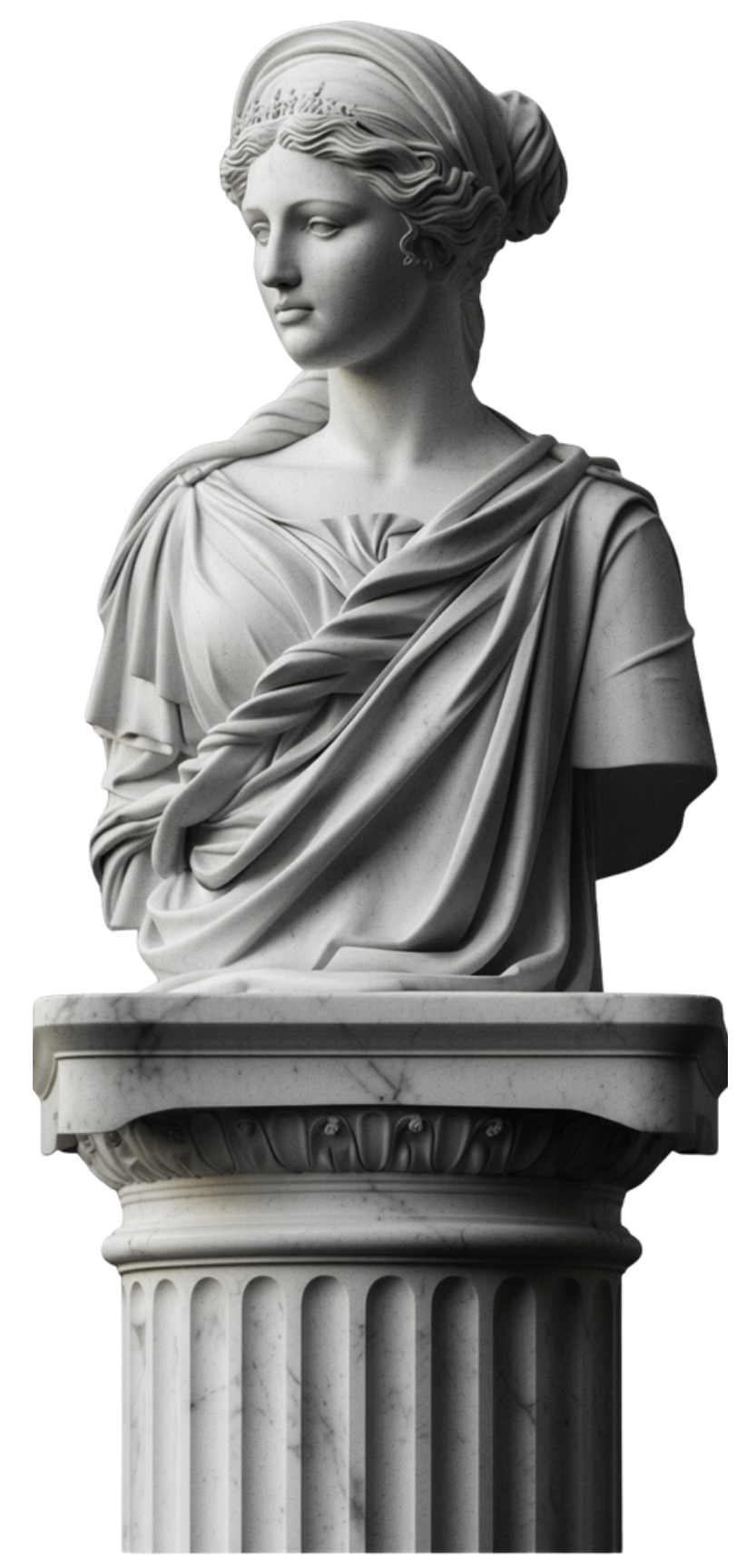A marble statue of a woman wearing classical Greco-Roman attire, representing the company's Aedile.