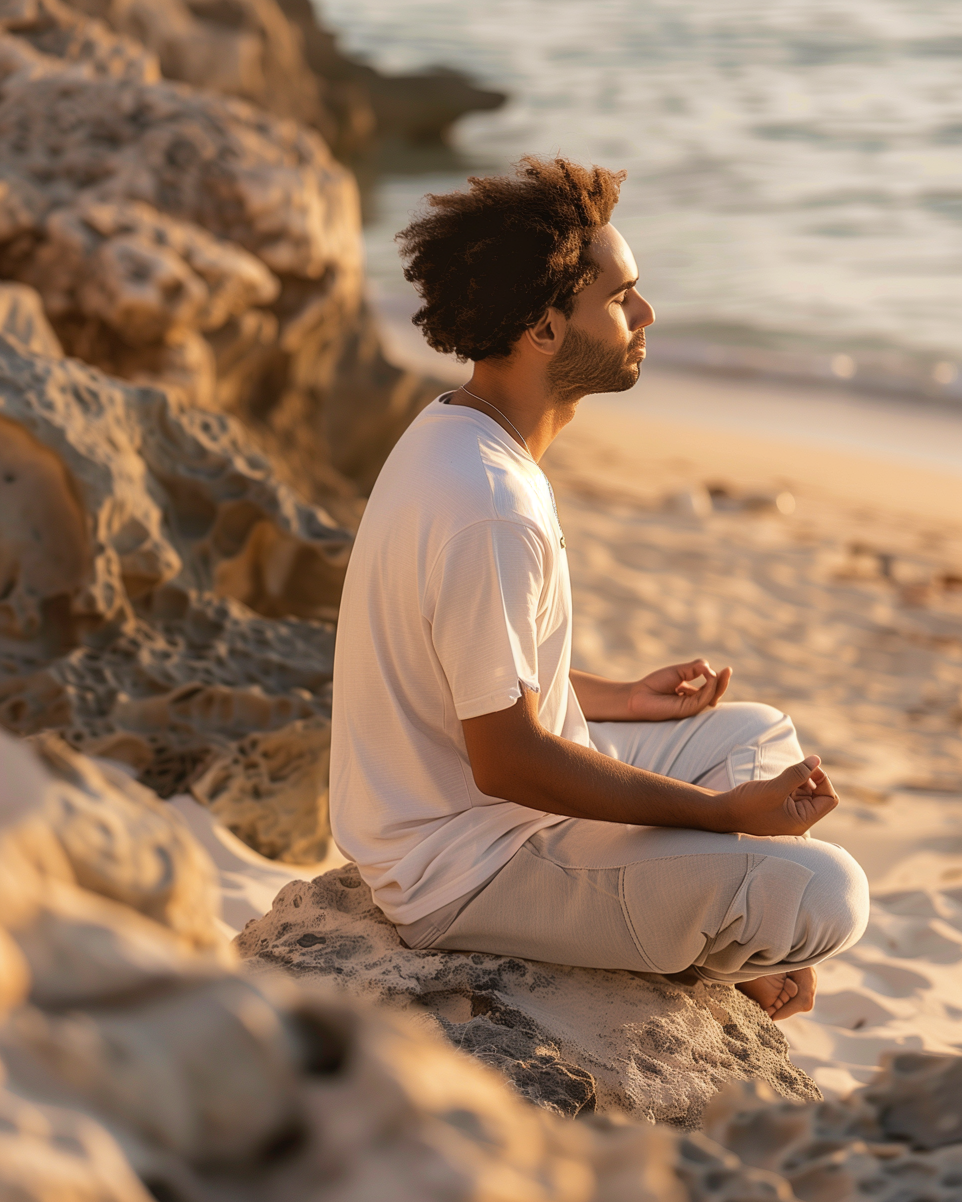 Man sitting on the beach meditating