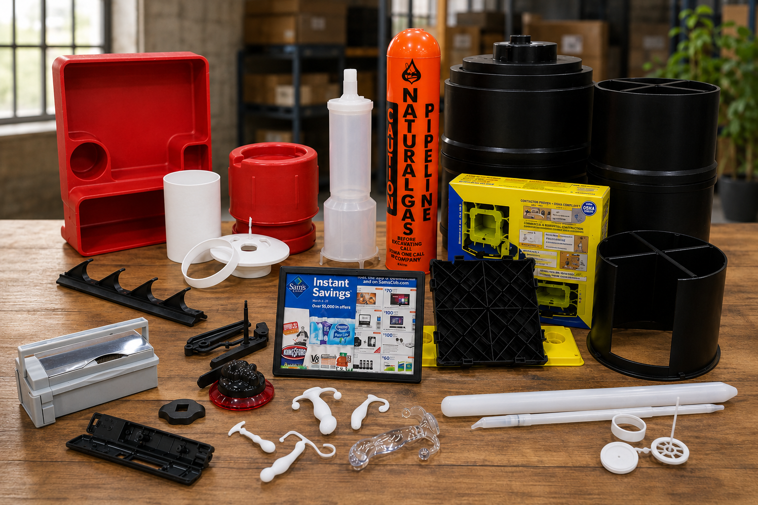 A variety of plumbing and electrical tools and supplies on a wooden table, including pipes, a price list, a warning tube, and various fittings.