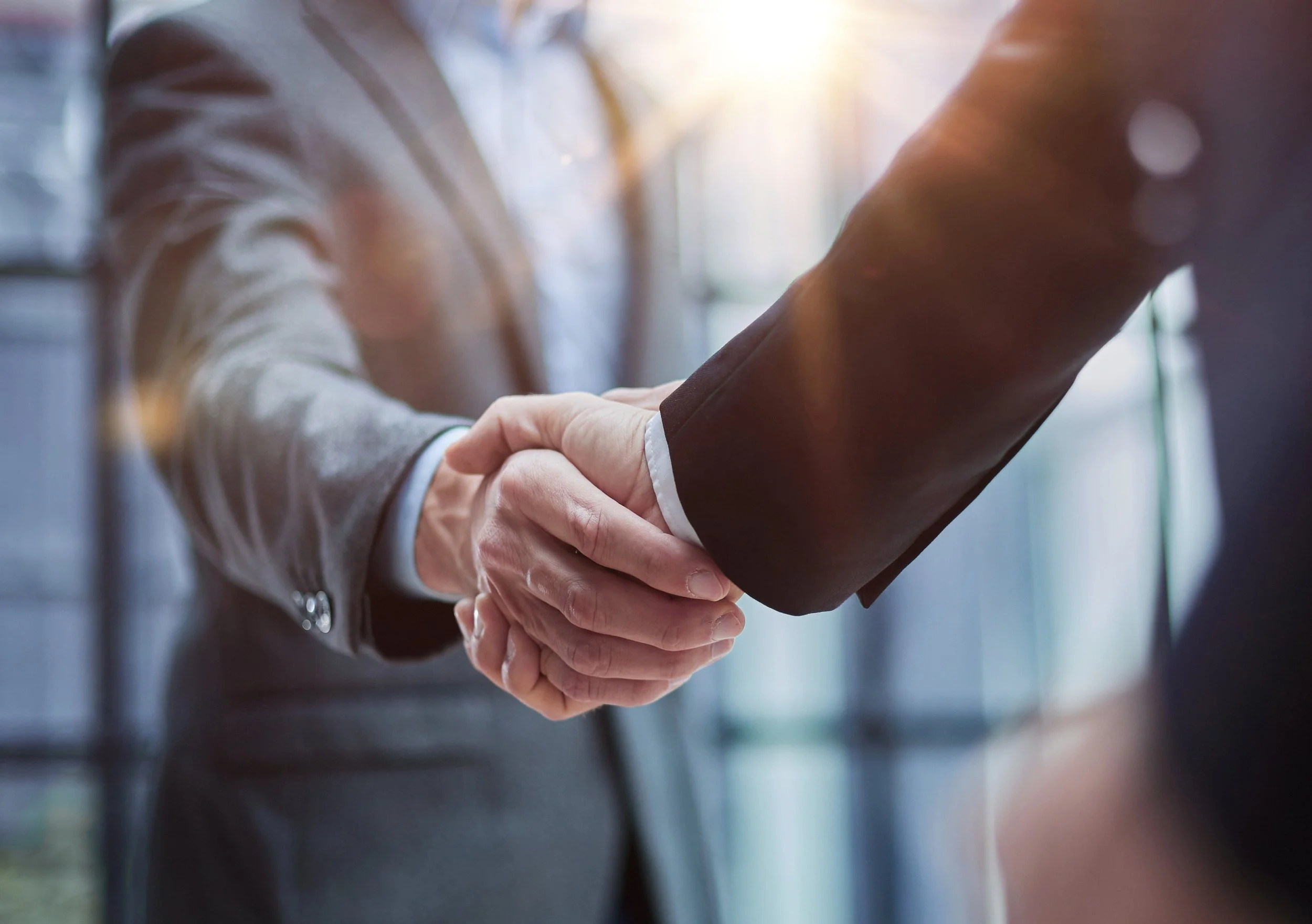 Two people shaking hands, with sunlight in the background.