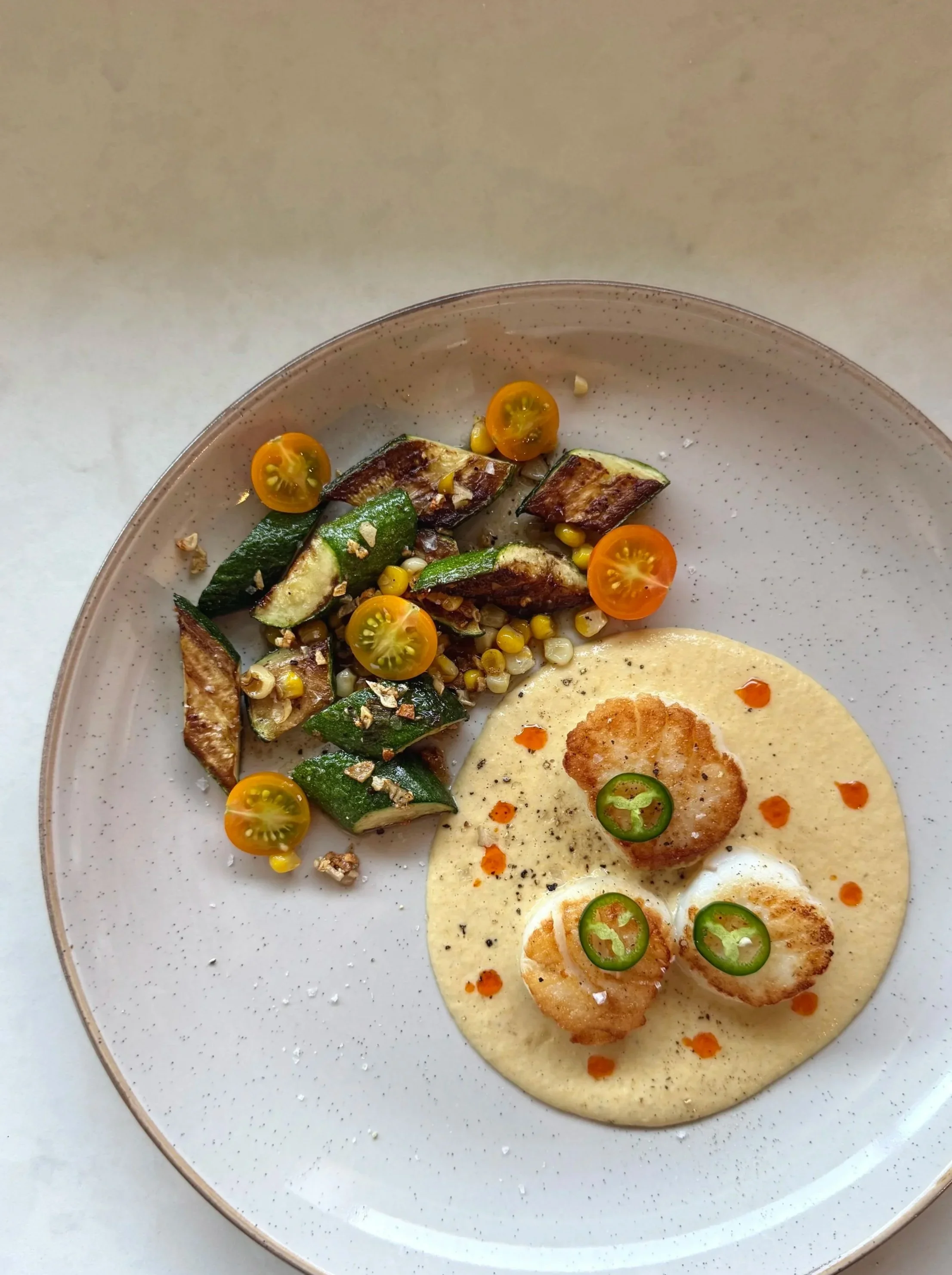 Scallops o/ Charred Miso Corn Purée