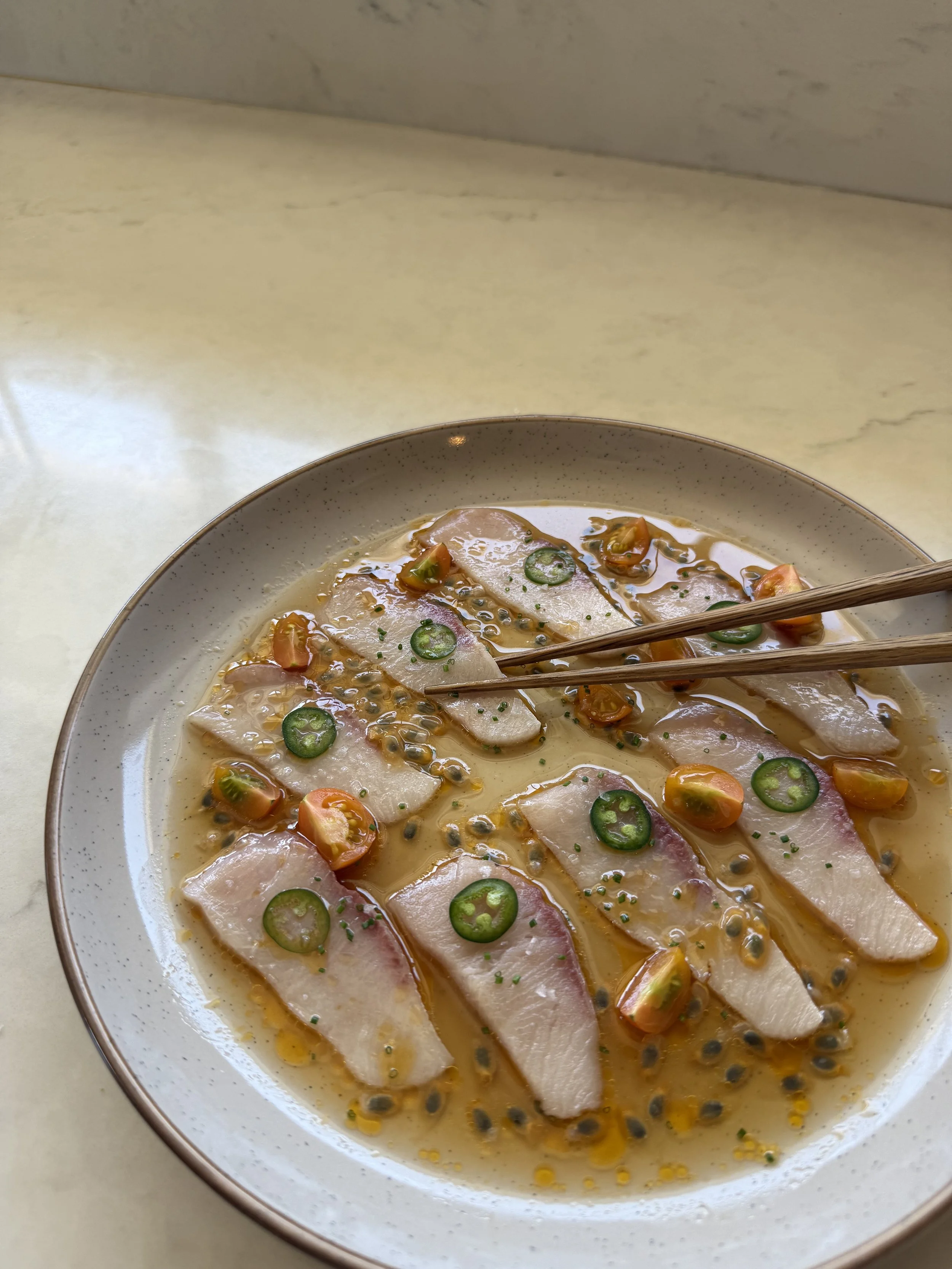 Hamachi Crudo w/ Tomato Water &amp; Passion Fruit Vinaigrette