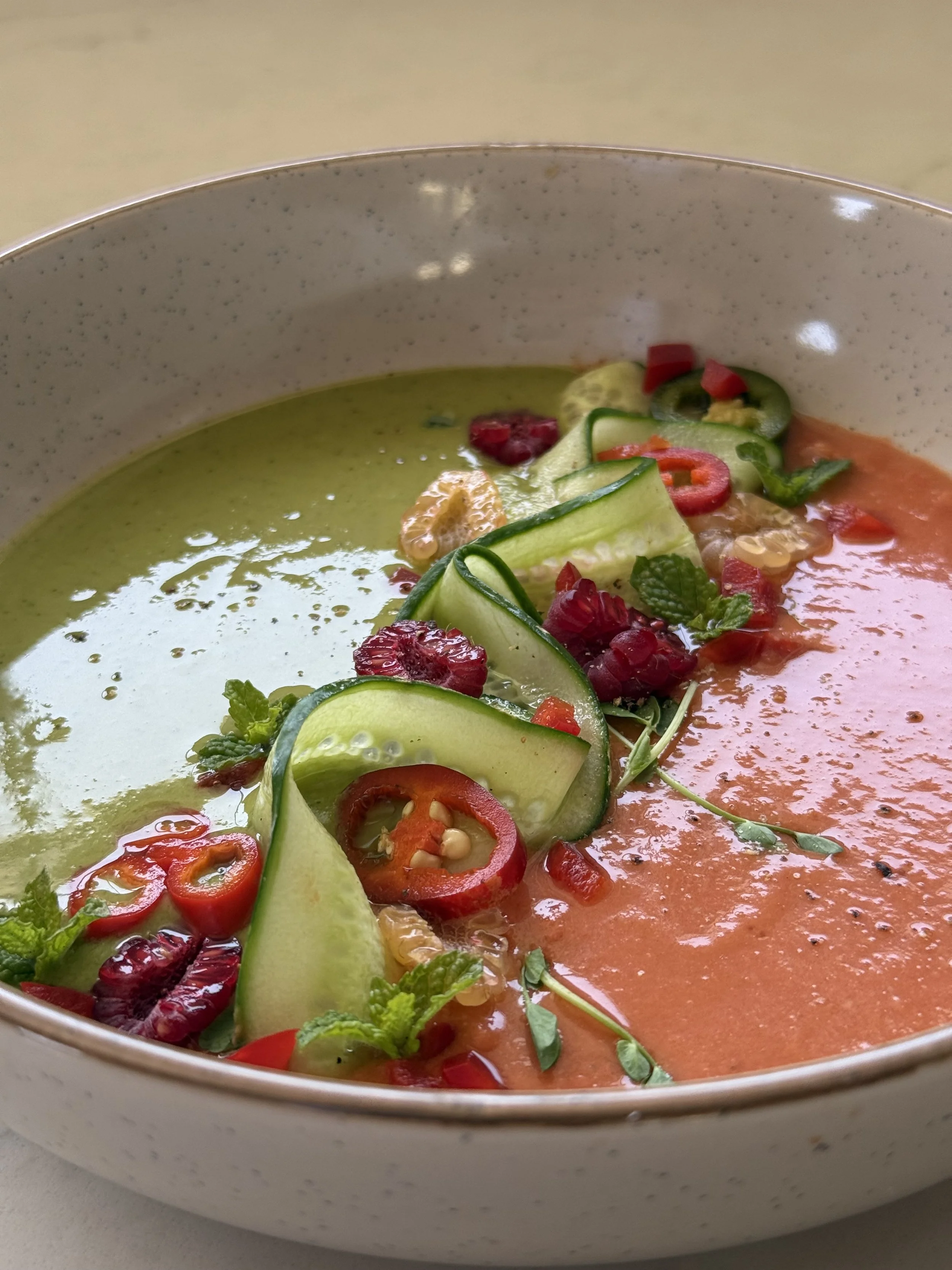 Heirloom Tomato &amp; Cucumber Tomatillo Gazpacho Duo