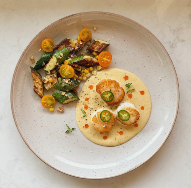 Scallops o/ Charred Miso Corn Purée