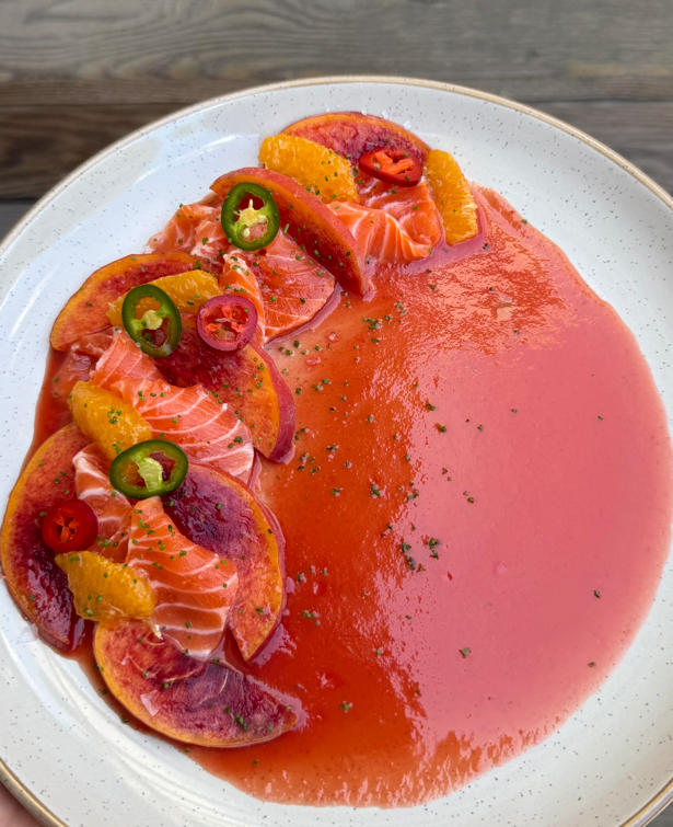 Salmon Crudo w/ Peach-Tomato Gazpacho