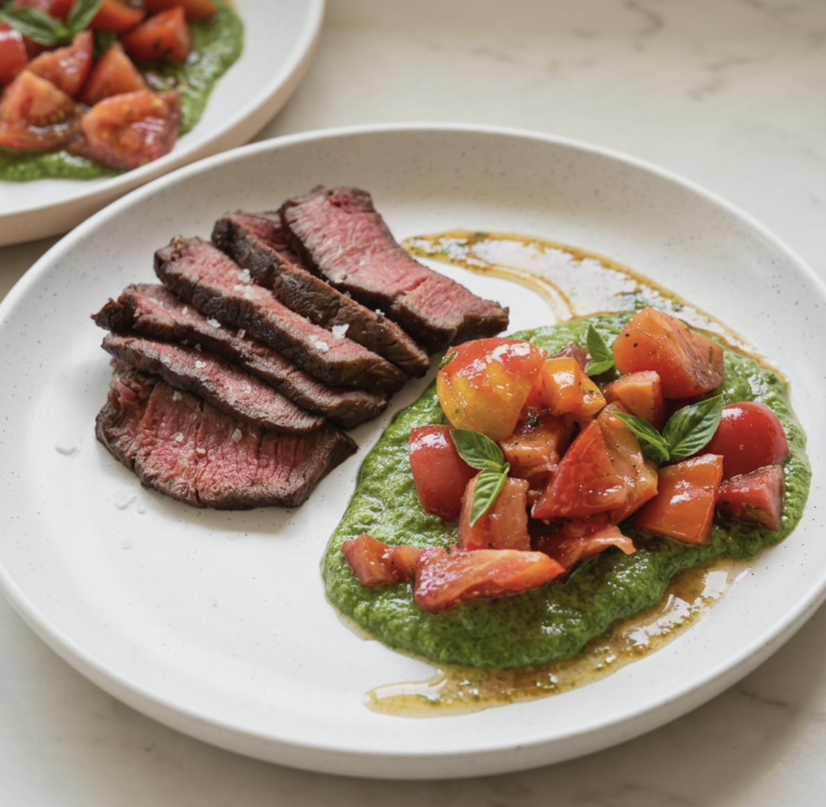 Filet w/ Herb Sauce &amp; Balsamic Heirloom Tomatoes