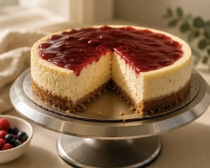 Creamy vanilla bean cheesecake on a buttery graham cracker crust with fresh berries, served on a cake stand