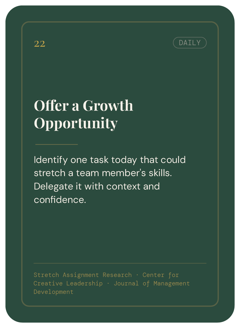 A dark green card with gold and white text offering a growth opportunity. It advises identifying a task to stretch a team member's skills and delegating it confidently. The card is titled 'Offer a Growth Opportunity' and includes references to resear