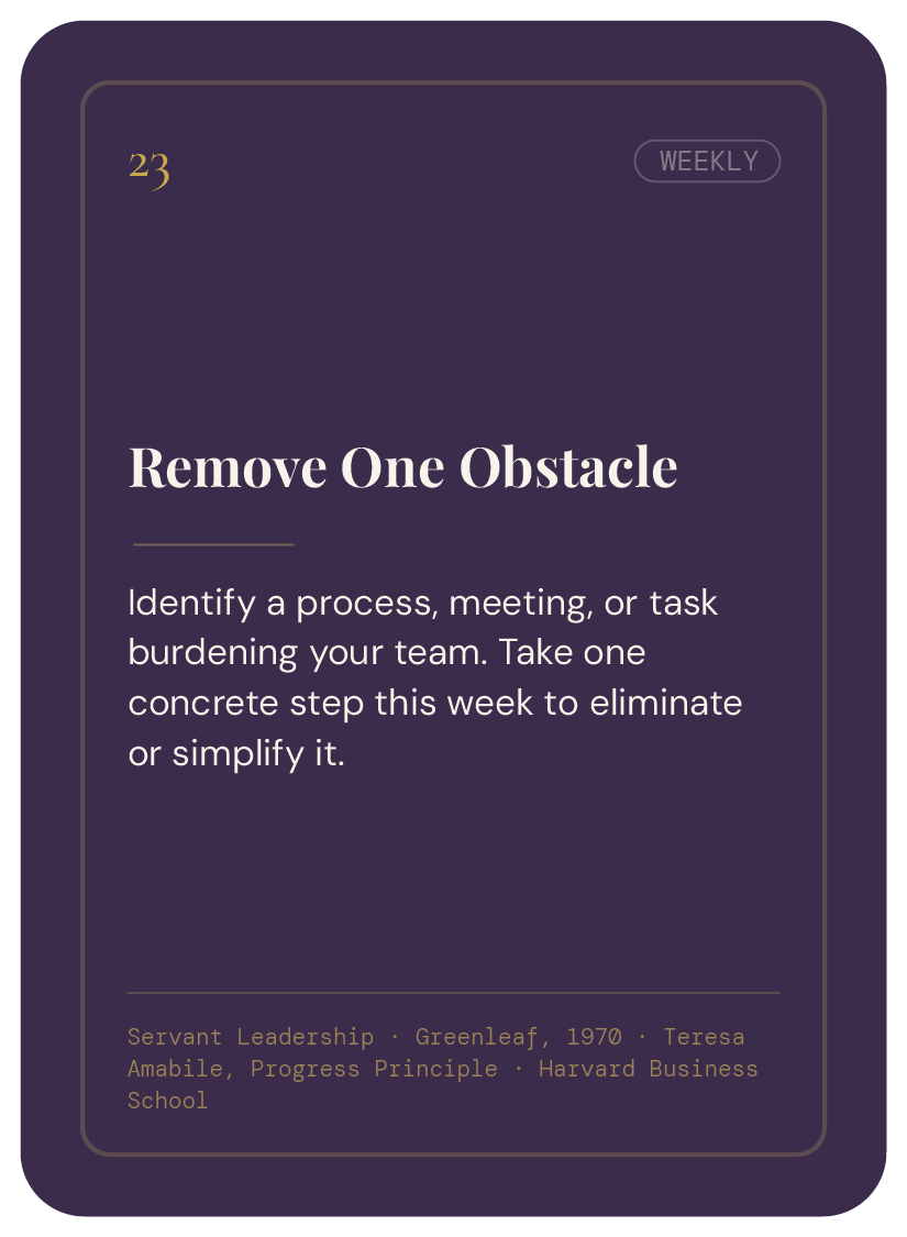 A motivational quote card with a dark purple background, white text, and gold accents. It features a weekly goal to remove one obstacle by taking a concrete step to eliminate or simplify a burden. The quote is attributed to Teresa Amabile from Harvar