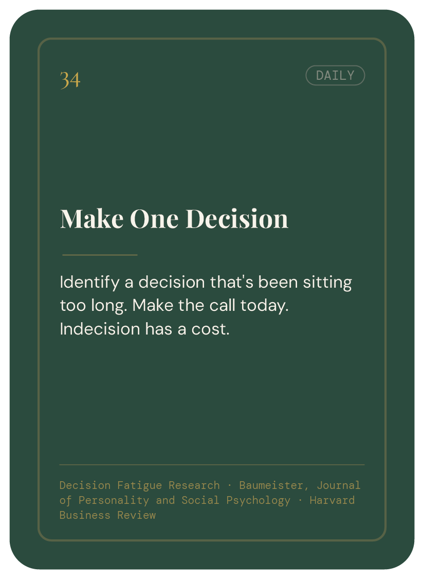 A motivational card titled 'Make One Decision' encouraging individuals to make decisive calls instead of indecision, which has a cost, based on research from Harvard Business Review.