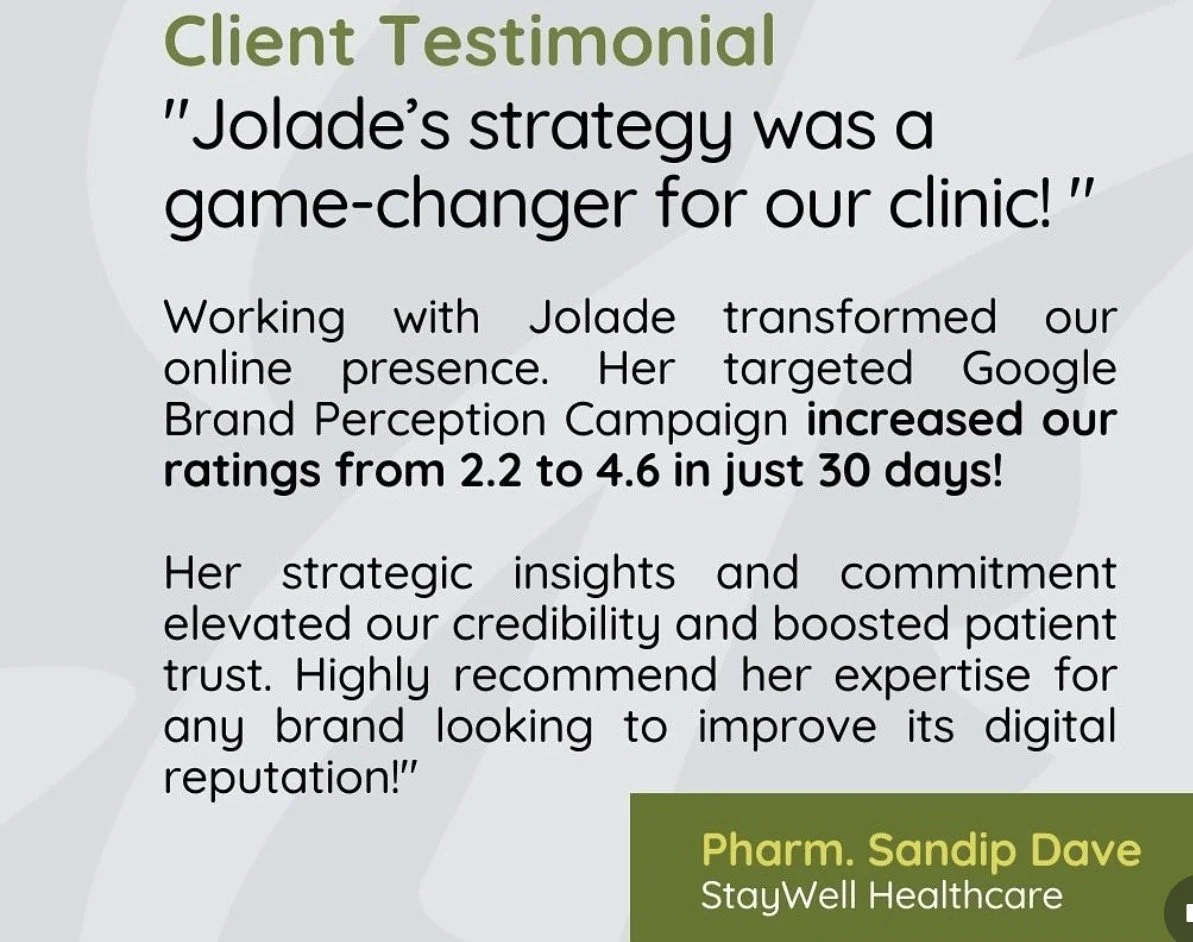 Client testimonial for StayWell Healthcare praising Jolade's strategy for improving online presence, increasing ratings from 2.2 to 4.6 in 30 days, and boosting credibility. The testimonial is from Pharm. Sandip Dave.