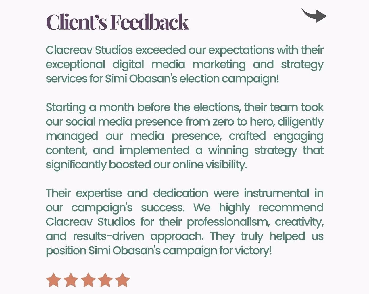 Airdrie City Council -Councillor Simi Obasan testimonial about Celestina Socials digital media marketing and strategy services supporting Simi Obasan's election campaign, highlighting their professionalism and success.