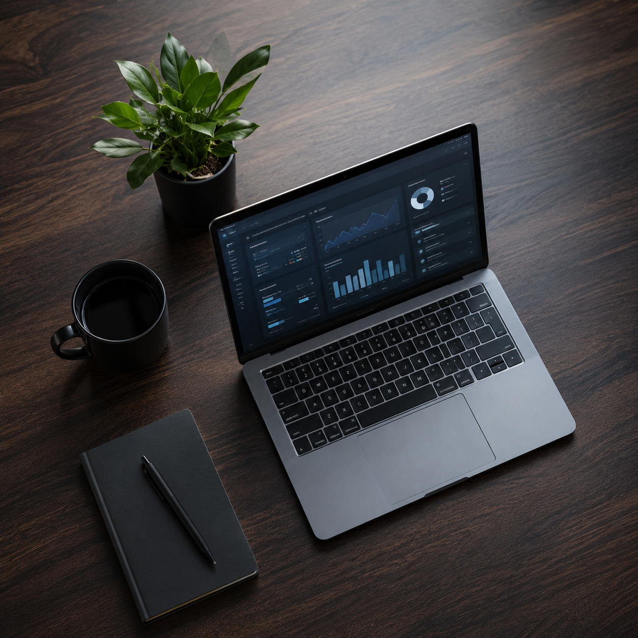 A desktop workspace with a laptop displaying data analytics dashboards, a black notebook with a pen, a black coffee mug, a green plant in a black pot, and a black cup on a dark wooden table.