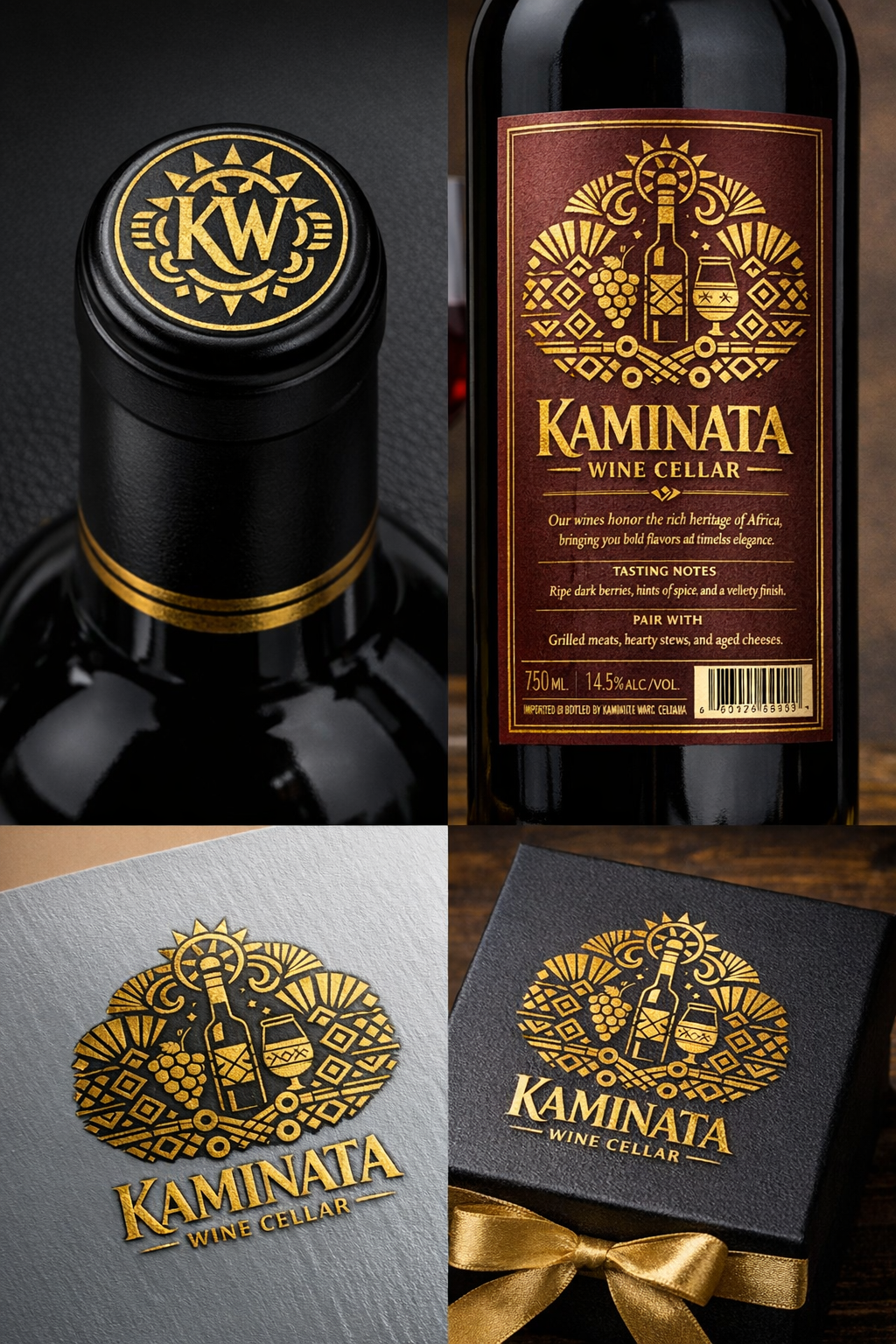 A wine label for Kaminata Wine Cellar featuring a gold emblem of a wine bottle, glass, grapes, and decorative patterns. The label highlights rich heritage, bold flavors, tasting notes, and pairing suggestions.