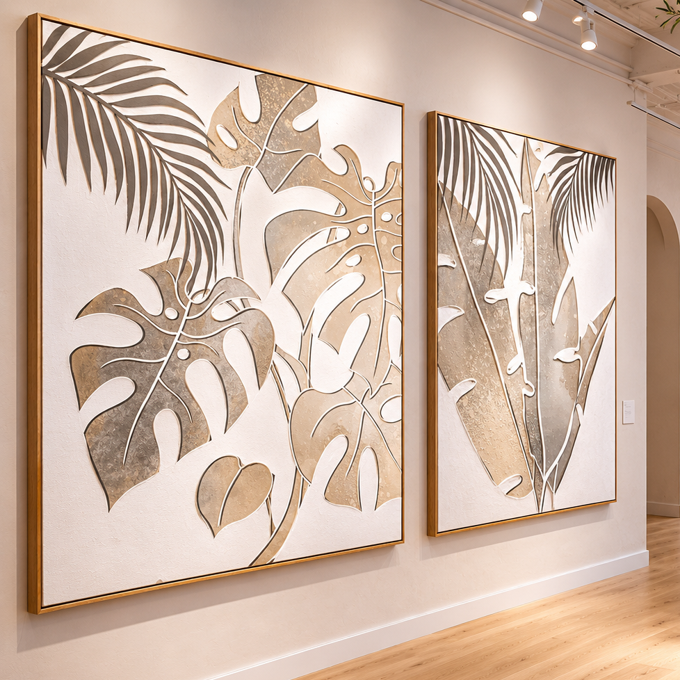 Two large abstract tropical paintings featuring monstera leaves in neutral tones, framed and hung on a white gallery wall