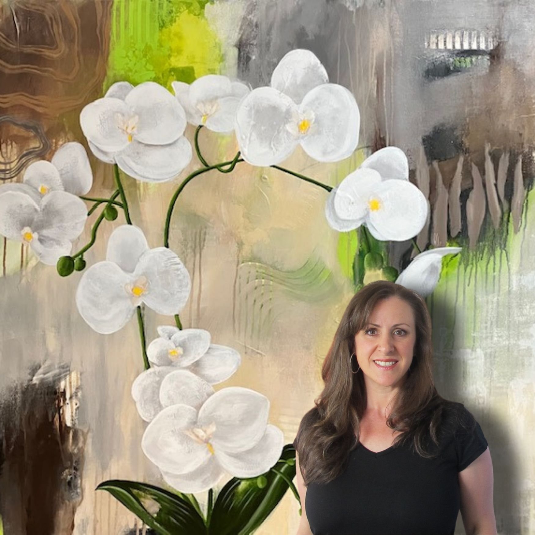 An artist standing in front of a large painting of white orchids and an abstract background