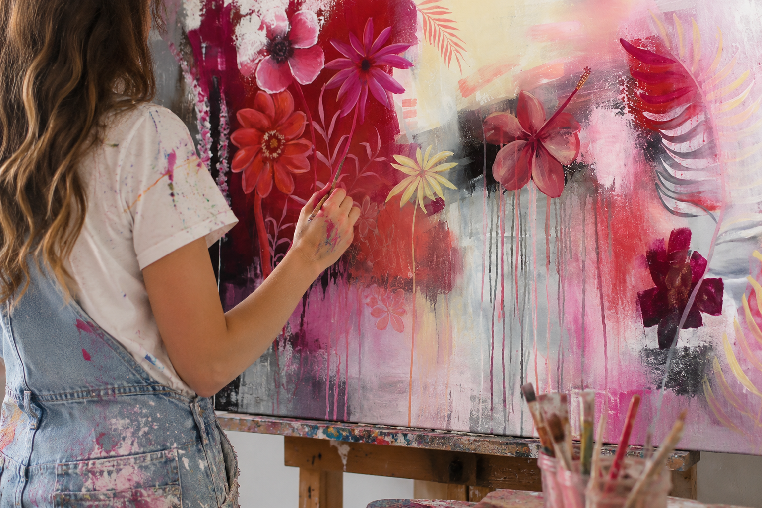 An artist painting colorful flowers on a large canvas