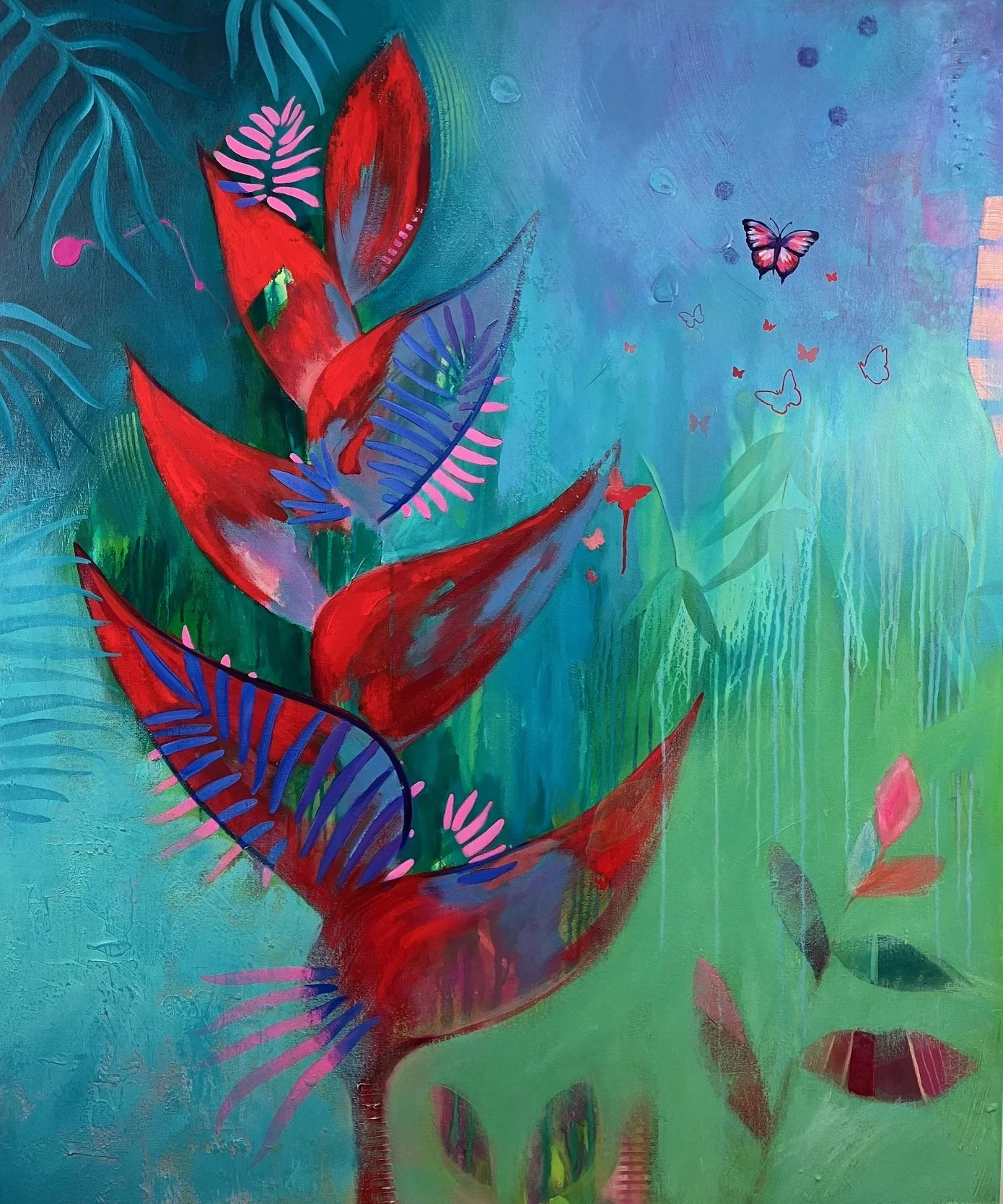 A colorful painting of tropical plants and butterflies with red, blue, pink, and green hues.