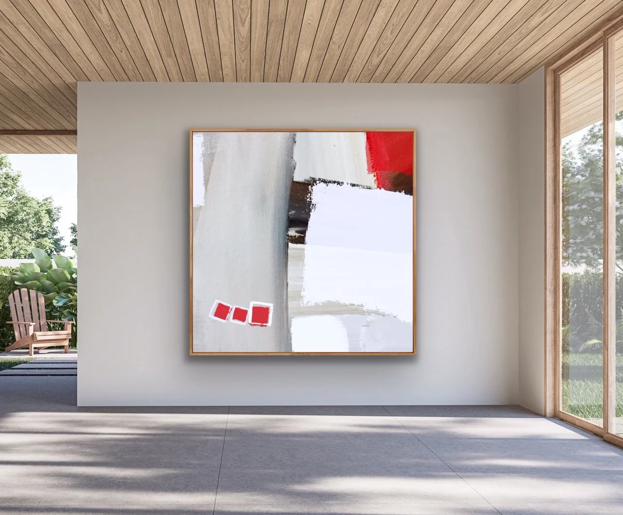 Modern abstract painting with bold strokes of red, white, black, beige, and gray, hanging on a white wall in a bright, contemporary room with large windows and wooden ceiling.