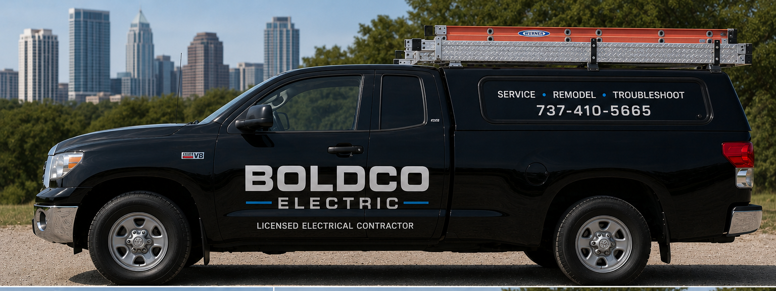 Black service pickup truck for Boldco Electric with contact info and ladder on top, parked outdoors with cityscape in the background.