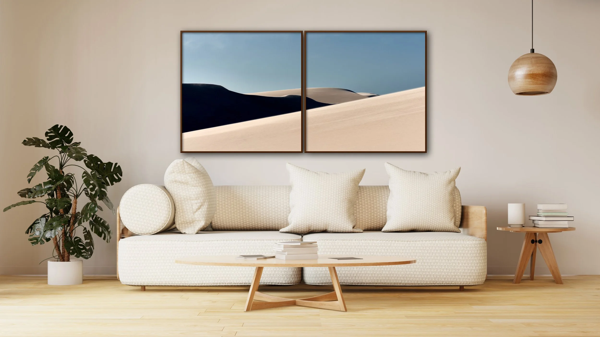 Ambiente contemporâneo com obra Fine Art de Alexandre Lemos em composição díptica.