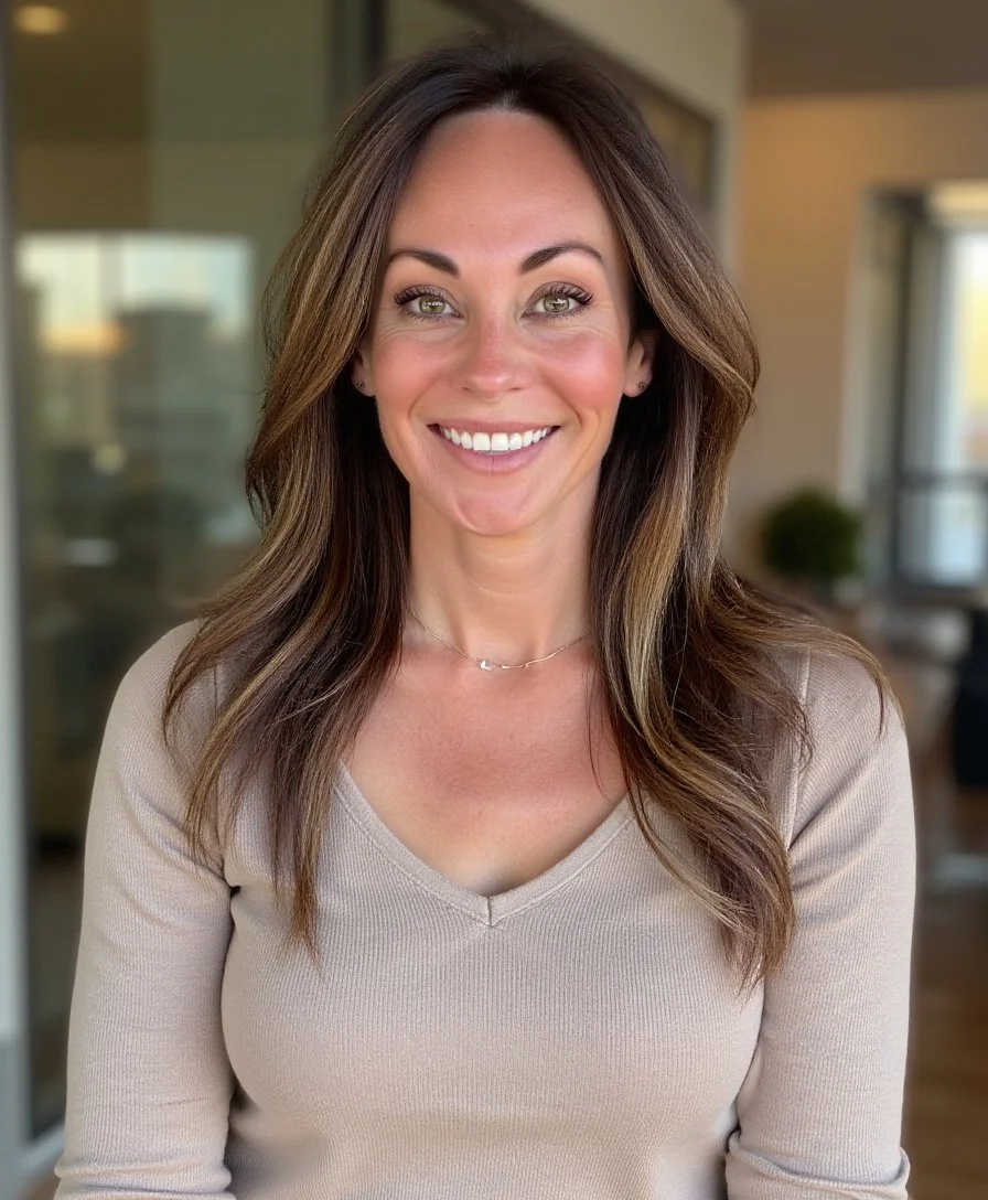Close-up of a woman with brown hair smiling at the camera indoors.