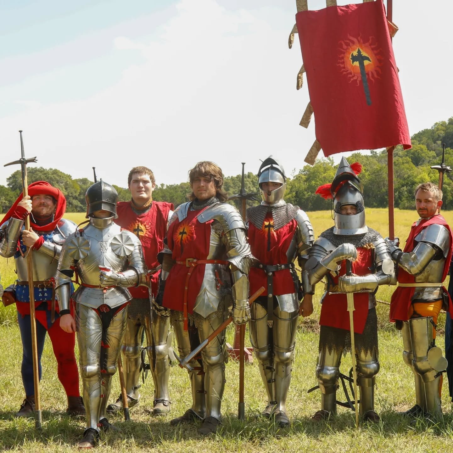 This last August we hosted a Deed of Arms here in Texas. Despite the short notice and the summer heat, nine valiant combatants gathered to test their skill and spirit in armored combat.

Fighters took the field in full harness, crossing swords, axes,