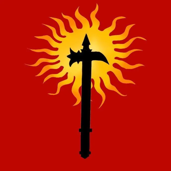 A sable or black hammer with a sun behind it on a maroon background