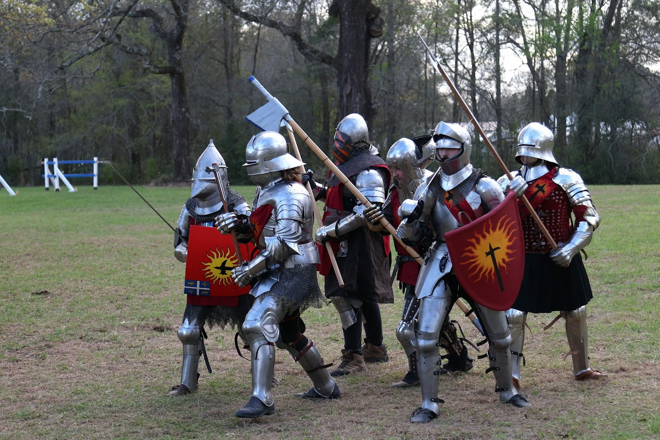 A group of people dressed in medieval armor, participating in a historical reenactment or cosplay in a park or field.