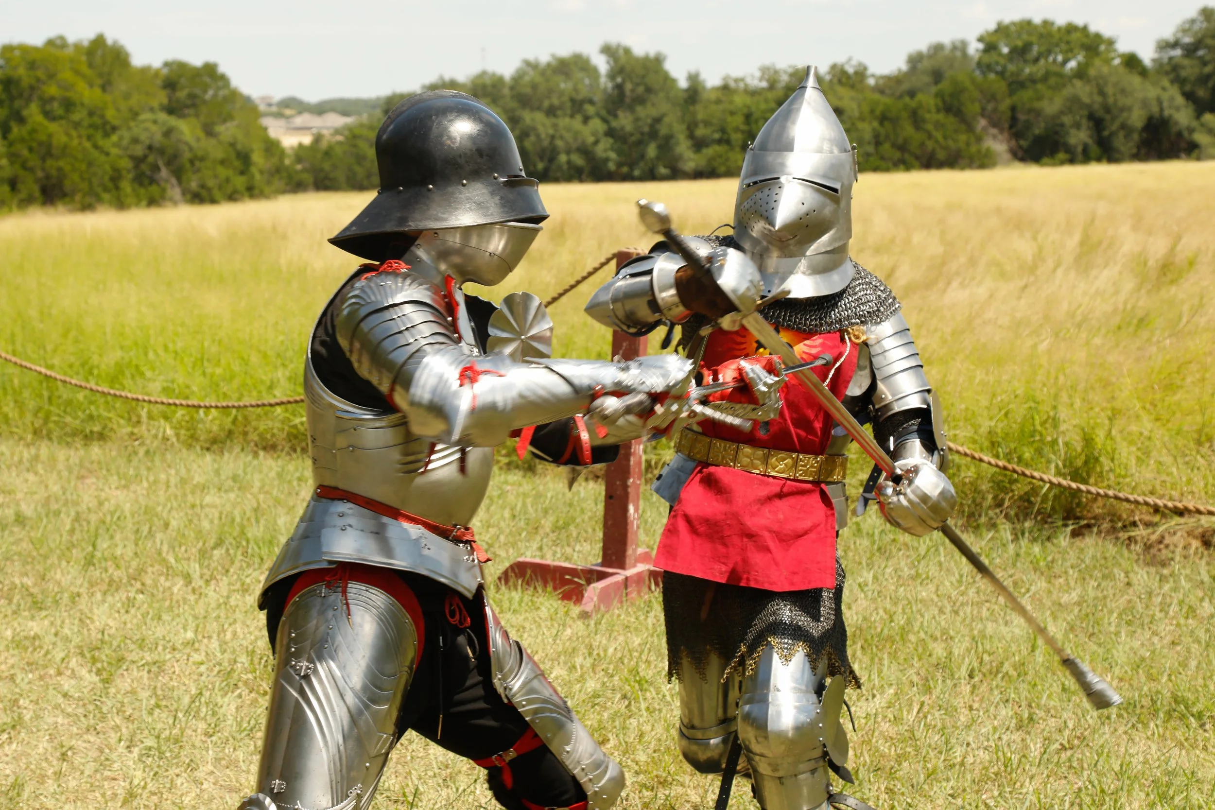 Two individuals wearing shiny medieval armor are engaged in a mock sword fight outdoors on a grassy field, with trees and a clear sky in the background.