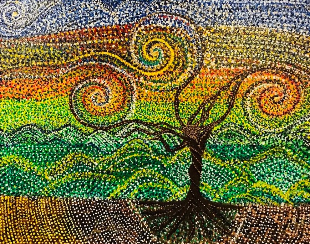 Colorful landscape painting of a tree with swirling branches and roots, set against a sky with swirling patterns, all created with pointillism technique.