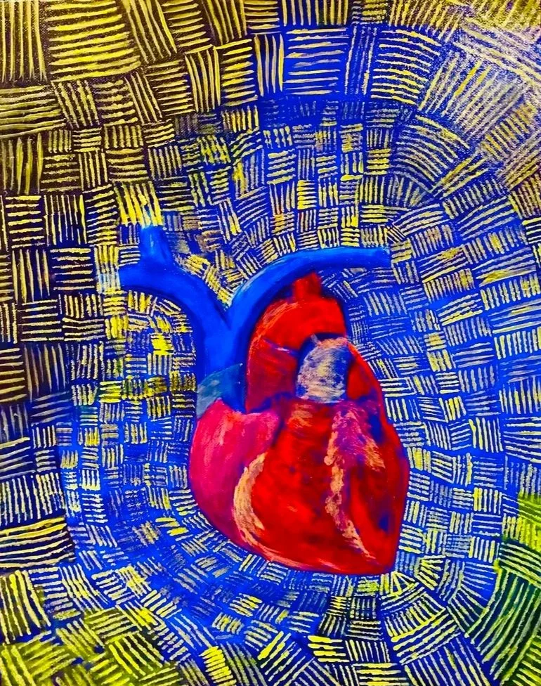 Abstract painting of a human heart with a vivid red and blue color scheme, surrounded by a yellow and blue checkered pattern background.