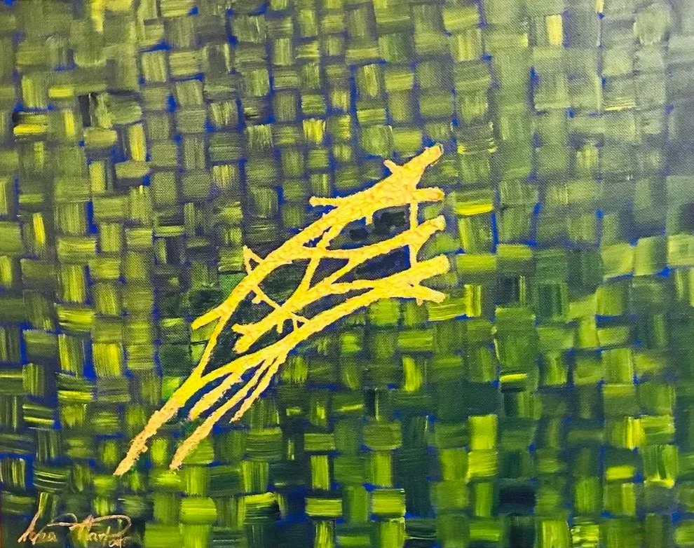 Abstract painting of the brachial plexus via small brushstrokes in various shades of green with hints of blue, and a single yellow, irregular, branch-like streak across the center.