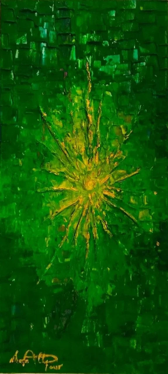 Abstract painting with bright yellow and orange burst pattern on a green background.